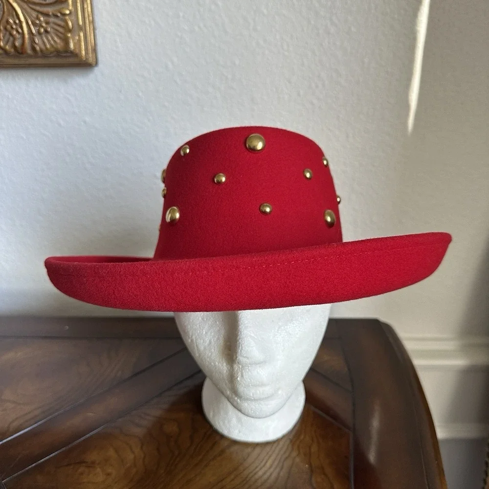 VTG Betmar NY Red Wool Hat 22 Inch Small Gold Stud Fedora Wide Brim USA LiteFelt